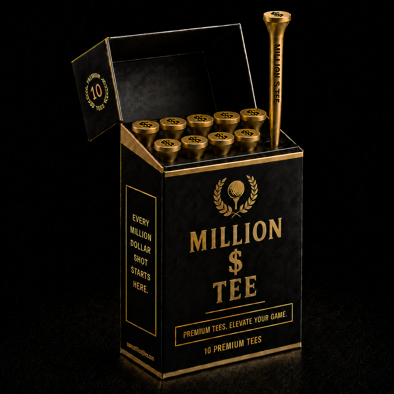 Million $ Tee premium box containing ten gold golf tees
