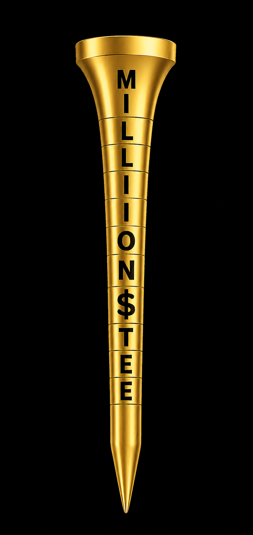 A single gold Million $ Tee golf tee engraved with the brand name